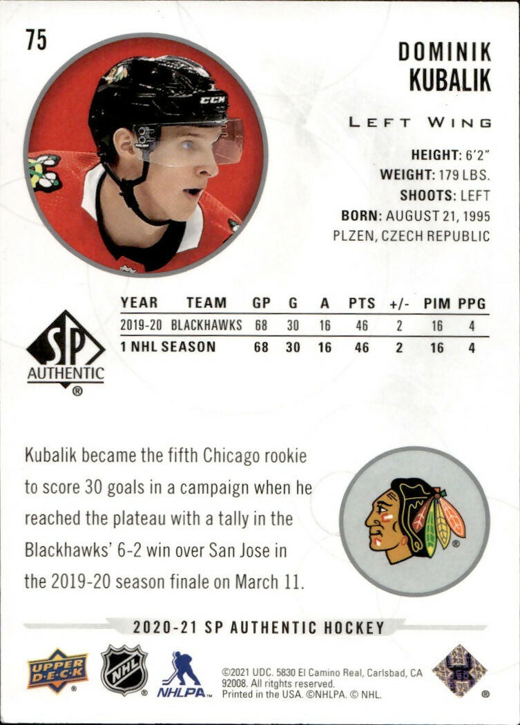 2020-21 Upper Deck Sp Authentic Hockey - Base #75 Dominik Kubalik - Chicago Blackhawks - B