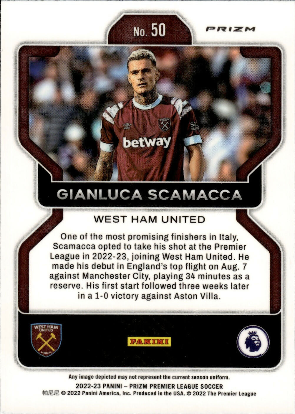 2022-23 Panini Prizm Premier League - Base - Hyper Prizm #50 Gianluca Scamacca - West Ham United