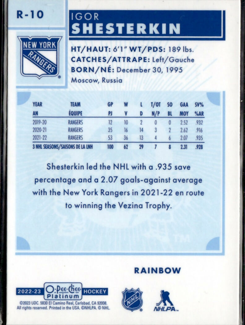 2022-23 Upper Deck O-Pee-Chee Platinum Hockey - Retro #R-10 Igor Shesterkin - New York Rangers - B