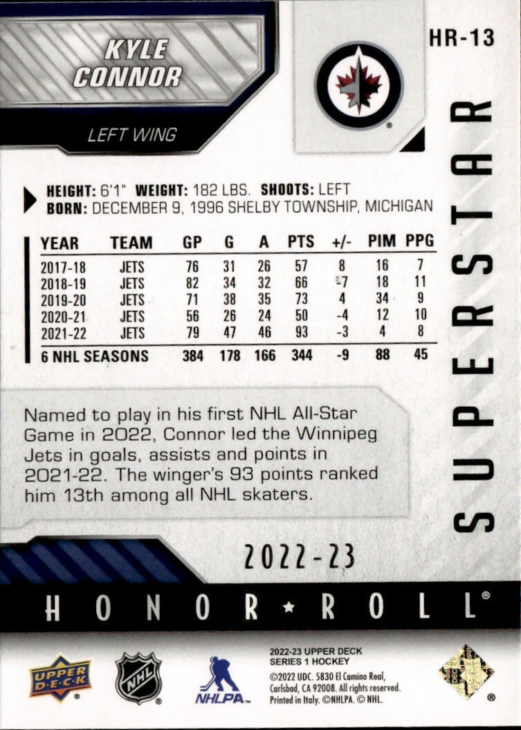 2022-23 Upper Deck Series 1 Hockey - Honor Roll #HR-13 Kyle Connor - Winnipeg Jets - B