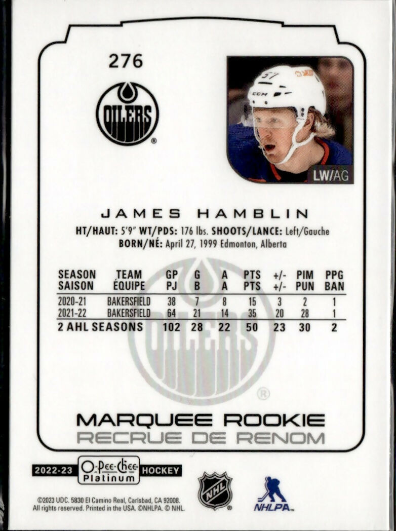 2022-23 Upper Deck O-Pee-Chee Platinum Hockey - Base - Marquee Rookie #276 James Hamblin - Edmonton Oilers - B