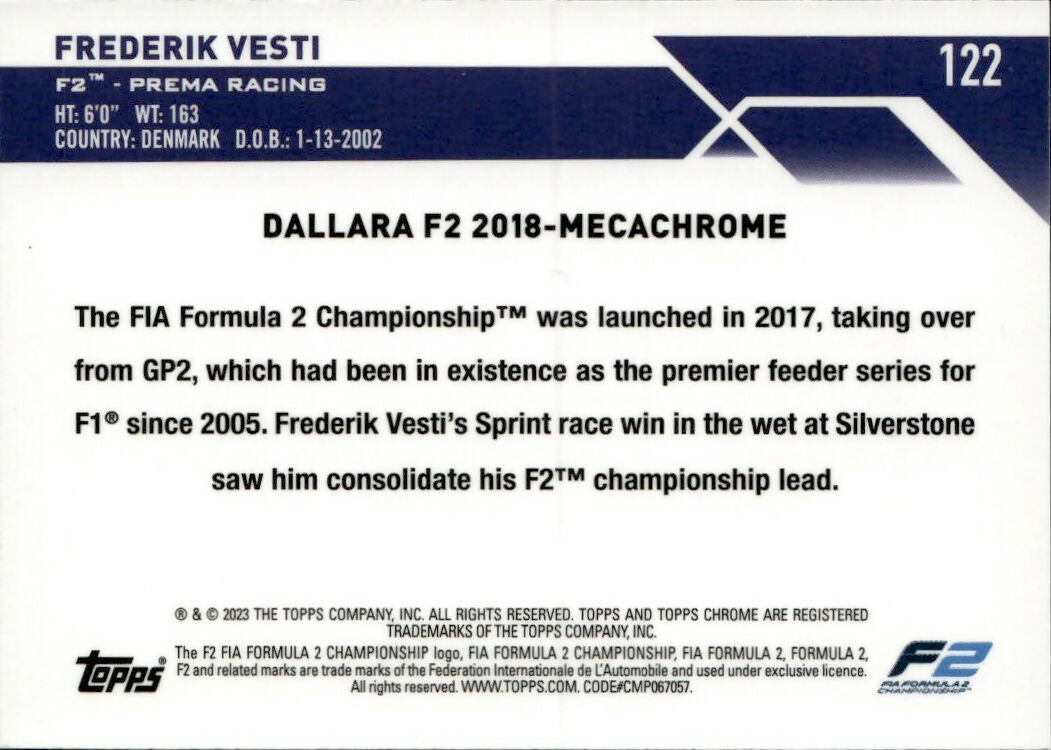 2023 Topps Chrome Formula 1 Base #122 - F2 Cars Frederik Vesti - F2 Prema Racing - B