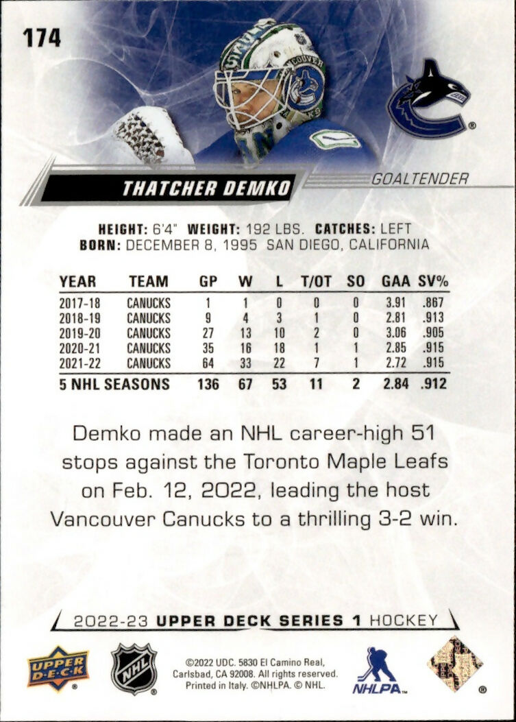 2022-23 Upper Deck Series 1 Hockey - Base #174 Thatcher Demko - Vancouver Canucks - B