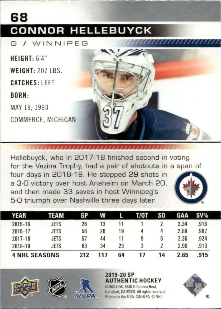 2019-20 Upper Deck Sp Authentic Hockey - Base #68 Connor Hellebuyck - Winnipeg Jets