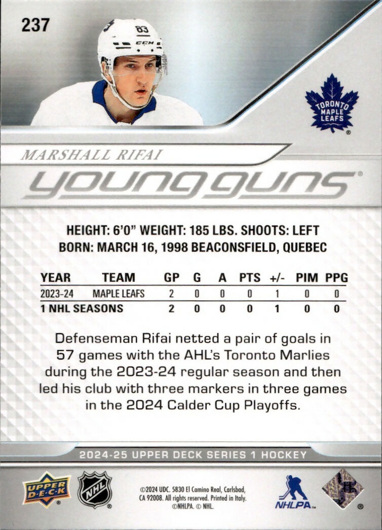 2024-25 Upper Deck Series 1 Hockey - Base - Young Guns #237 Marshall Rifai - Toronto Maple Leafs - B