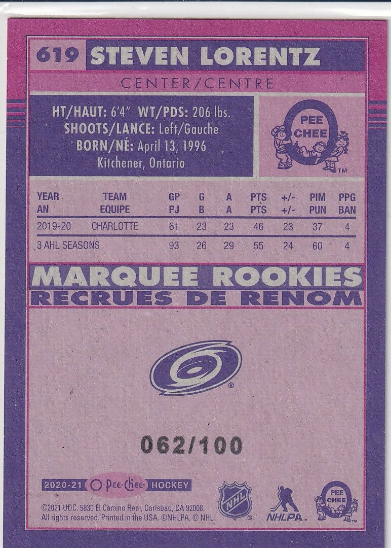 2020-21 Upper Deck 2020-21 O-Pee-Chee Update Retro #619 Steven Lorentz Carolina Hurricanes Rookie