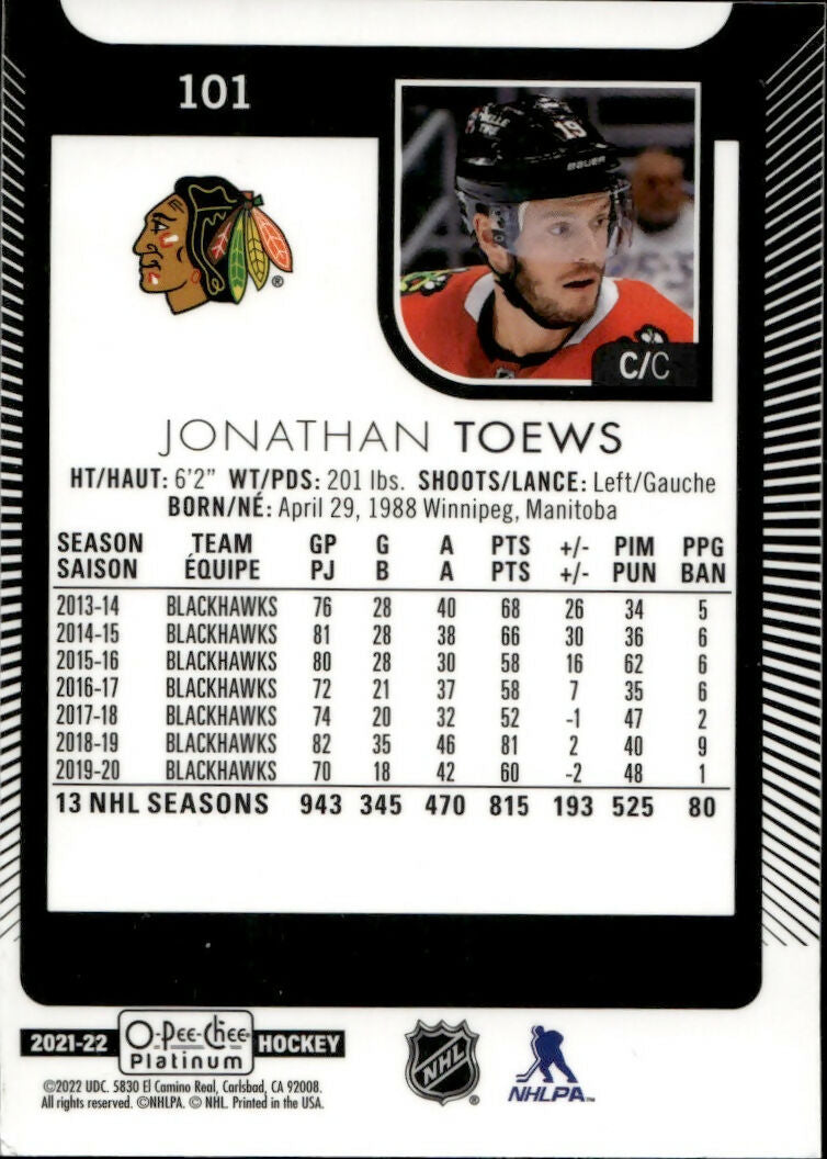 2021-22 Upper Deck O-Pee-Chee Platinum Hockey - Base #101 Jonathan Toews - Chicago Blackhawks - B