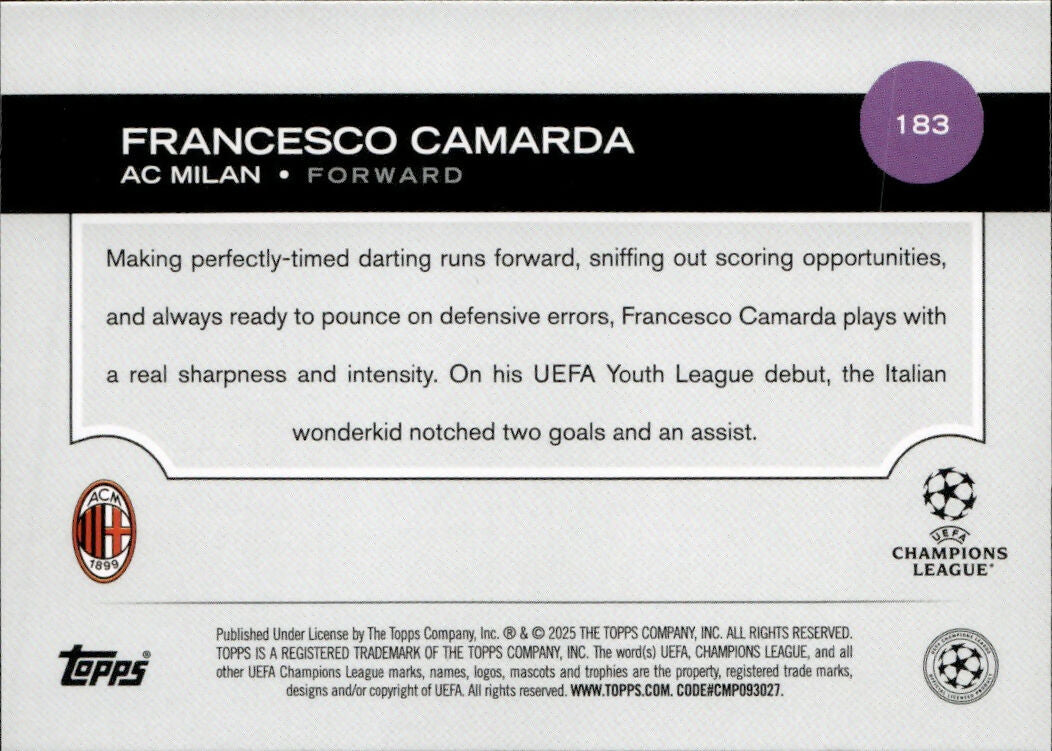 2024-25 Topps UEFA Club Competitions - Base #183 Francesco Camarda - AC Milan - B