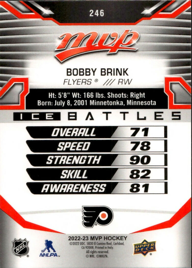2022-23 Upper Deck MVP Hockey - Base - Ice Battles #246 Bobby Brink - Philadelphia Flyers