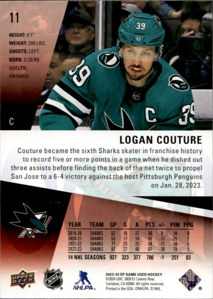 2023-24 Upper Deck SP Game Used Hockey - Base - Red :236 #11 Logan Couture - San Jose Sharks - B