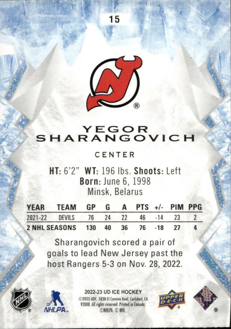 2022-23 Upper Deck Ice Hockey - Base - Green #15 Yegor Sharangovich - New Jersey Devils - B