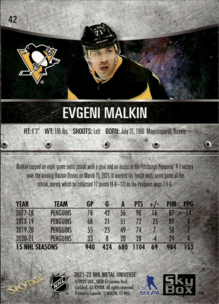 2021-22 Upper Deck Skybox Metal Universe Hockey Base #42 Evgeni Malkin - Pittsburgh Penguins - B
