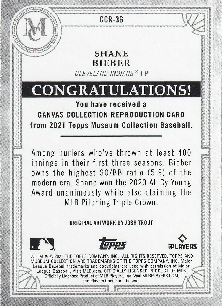 2021 Topps Museum Collection Canvas Collection Reprints #CCR-36 Shane Bieber Cleveland Indians