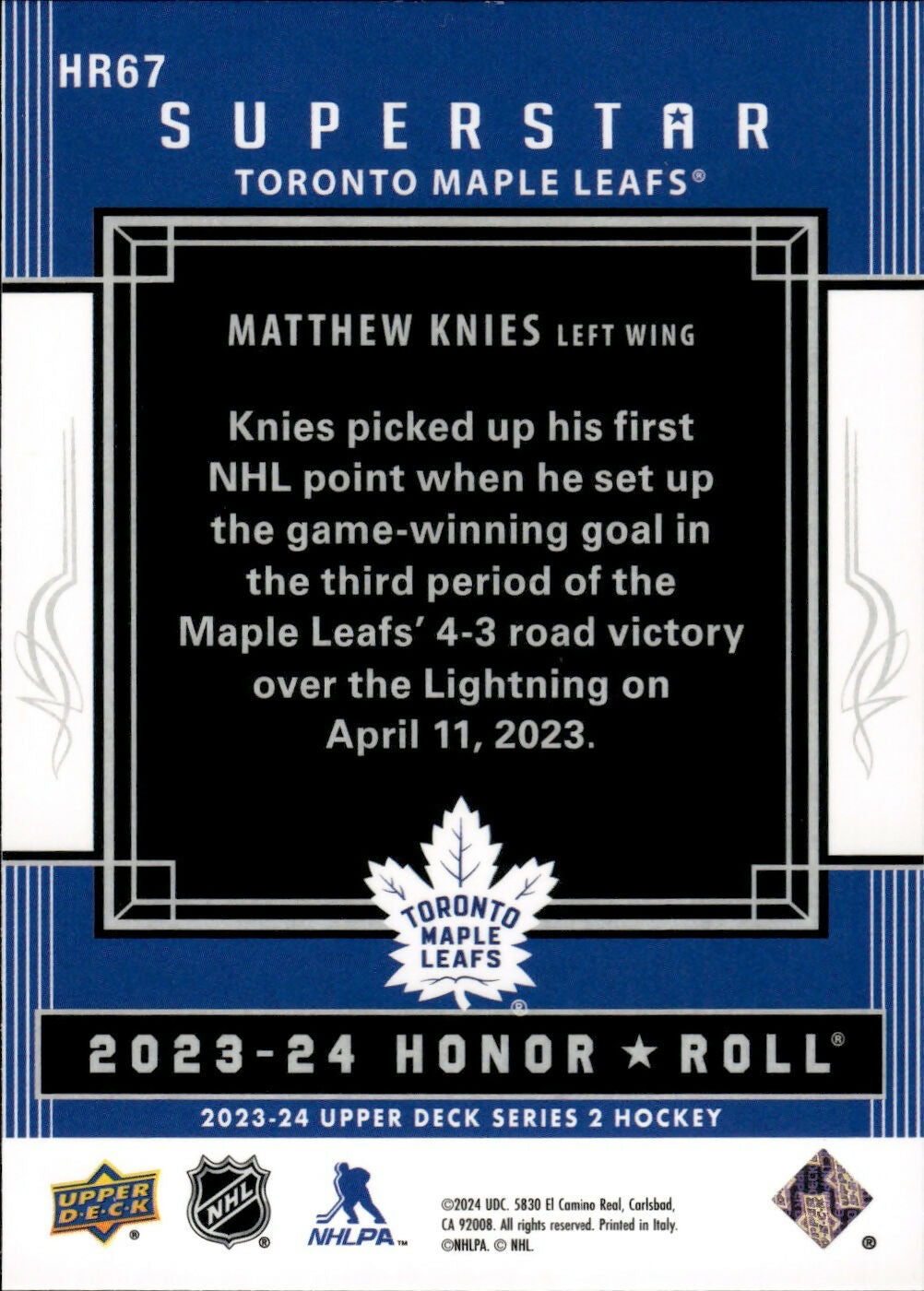 2023-24 Upper Deck Series 2 Hockey - Superstars #HR67 Matthew Knies - Toronto Maple Leafs - B