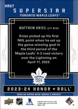 2023-24 Upper Deck Series 2 Hockey - Superstars #HR67 Matthew Knies - Toronto Maple Leafs - B