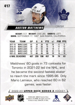 2022-23 Upper Deck Series 2 Hockey Base #417 Auston Matthews - Toronto Maple Leafs