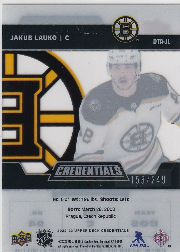 2022-23 Upper Deck Credentials - Debut Ticket Access Acetate #DTA-JL Jakub Lauko - Boston Bruins - B