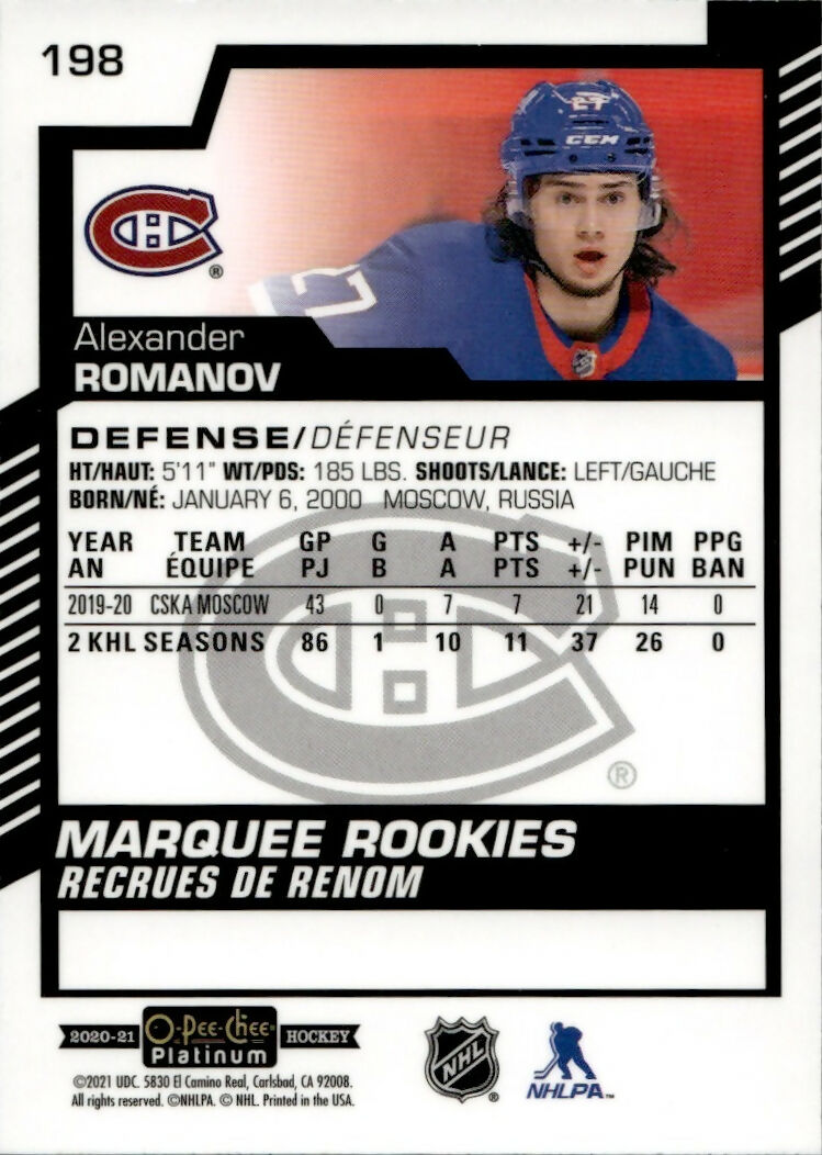 2020-21 Upper Deck O-Pee-Chee Platinum - Base - Marquee Rookie #198 Alexander Romanov - Montreal Canadiens - B