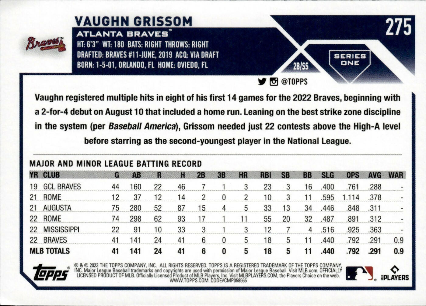 2023 Topps Series 1 Baseball - [Base] #275 Vaughn Grissom - Atlanta Braves - B