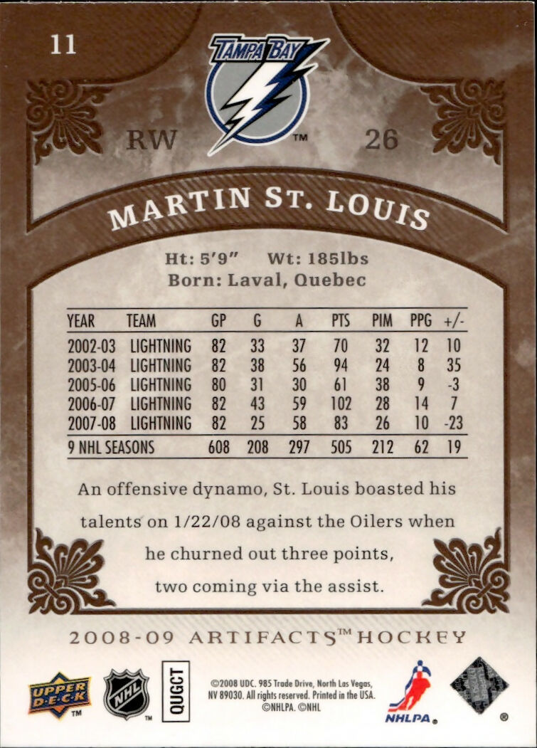 2009-09 Upper Deck Artifacts  - Base #11 Martin St. Louis - Tampa Bay Lightning - B