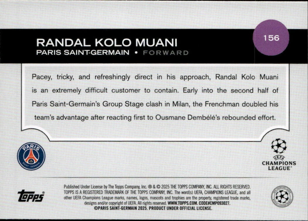2024-25 Topps UEFA Club Competitions - Base #156 Randal Kolo Muani - Paris Saint-Germain - B