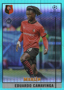 2020-21 Topps Merlin Collection Chrome UCL - Base - Aqua Prism Refractor - Rookie #20 Eduardo Camavainga - Stade Rennais