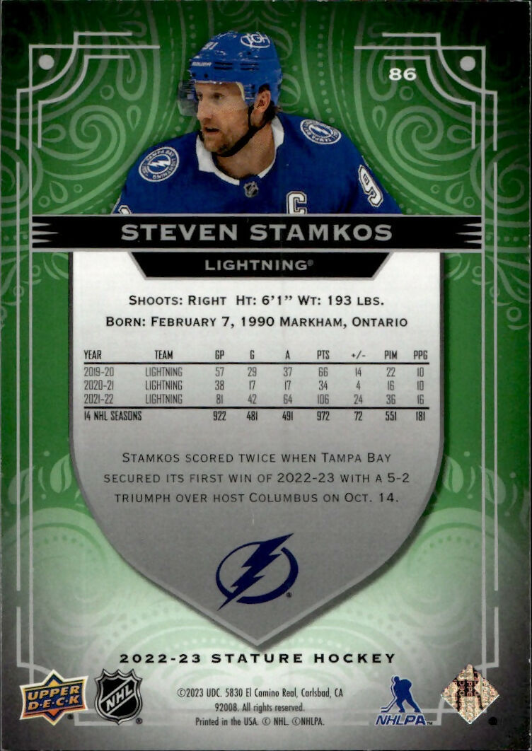 2022-23 Upper Deck Stature Hockey - Base - Green :99 #86 Steven Stamkos - Tampa Bay Lightning - B