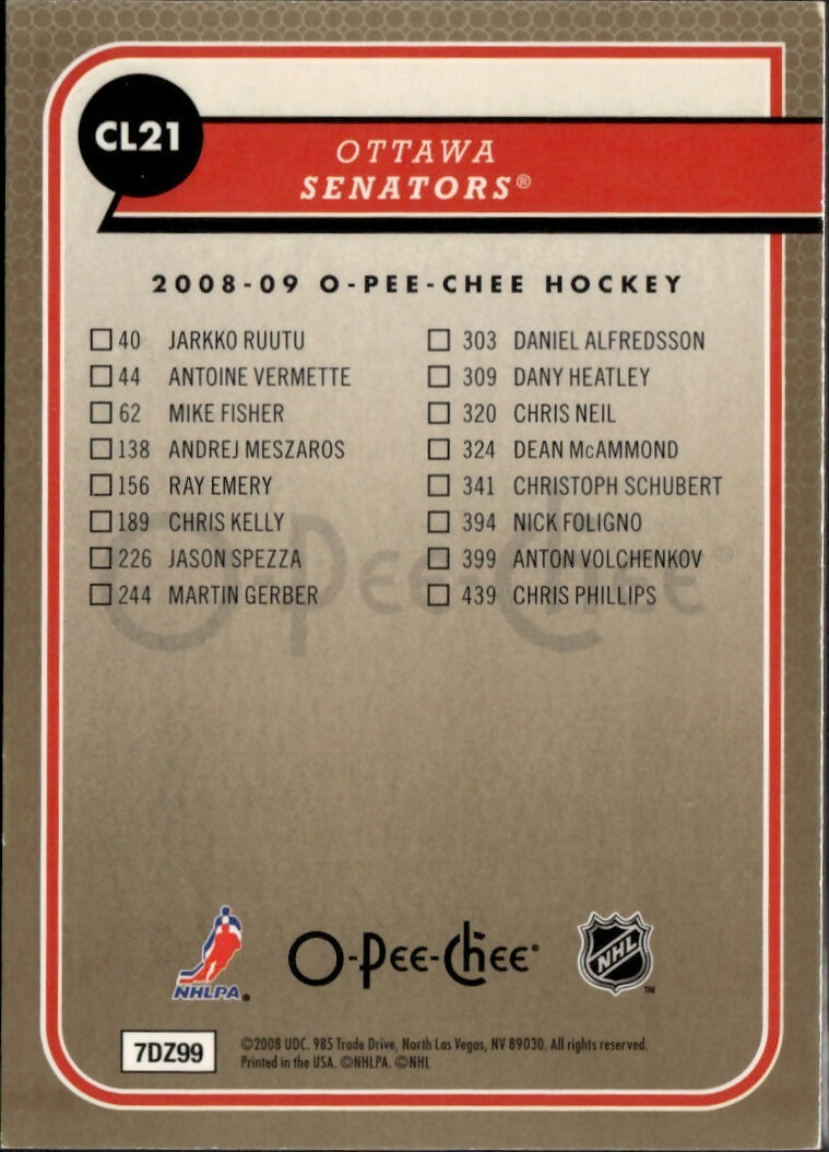 2008-09 O-Pee-Chee - Team Checklist #CL21 Ottawa Senators - B