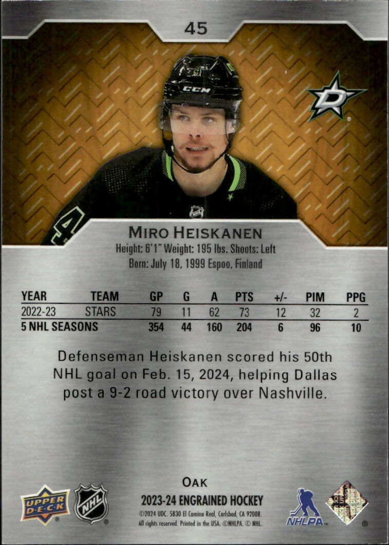 2023-24 Upper Deck Engrained Hockey - Base :349 #45 Miro Heiskanen - Dallas Stars - B