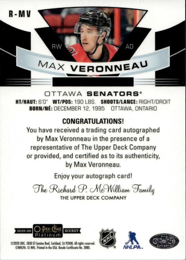 2019-20 Upper Deck O-Pee Chee Platinum Hockey - Marquee Rookies - Auto /99 #R-MV Max Veronneau - Ottawa Senators