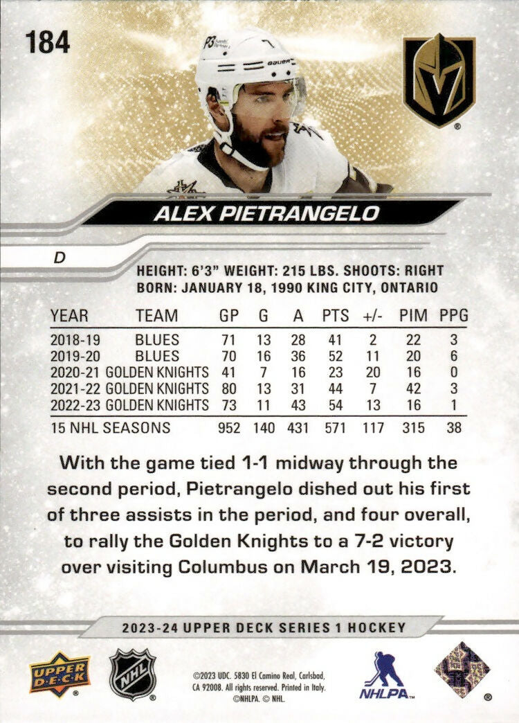 2023-24 Upper Deck Series 1 Hockey - Base #184 Alex Pietrangelo - Vegas Golden Knights