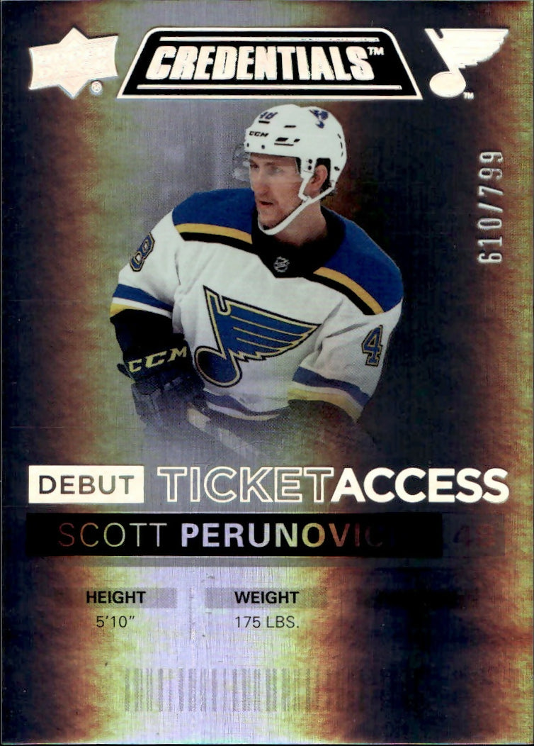 2021-22 Upper Deck Credentials - Base - Debut Ticket Access :799 #134 Scott Perunovich - St. Louis Blues - A