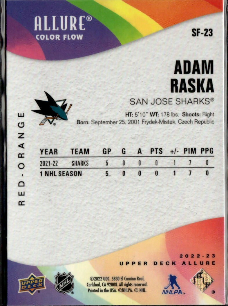 2022-23 Upper Deck Allure Hockey - Color Flow - Red-Orange #SF-23 Adam Raska - San Jose Sharks