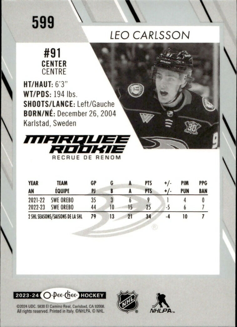 2024-25 Upper Deck O-Pee-Chee Hockey - Base - Marquee Rookie #599 Leo Carlsson - Anaheim Ducks - B