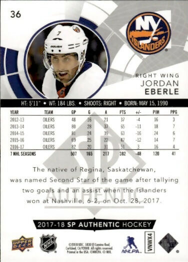 2017-18 Upper Deck SP Authentic Hockey - Base #36 Jordan Eberle - New York Islanders