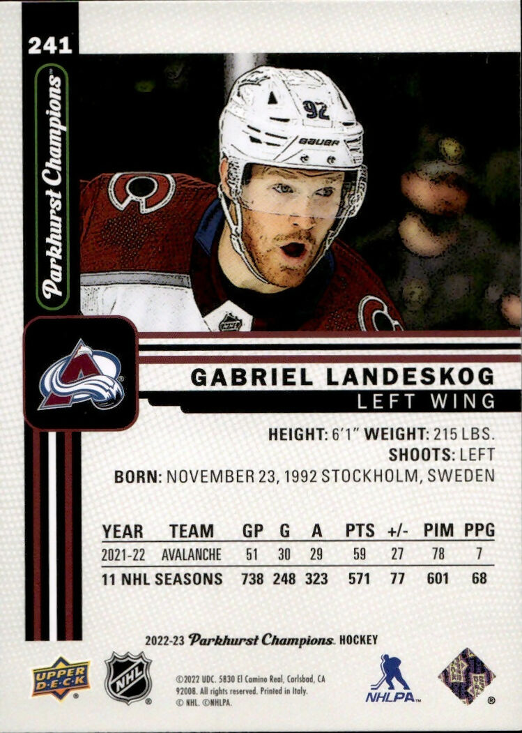 2022-23 Upper Deck Parkhurst Champions - Base #241 Gabriel Landeskog - Colorado Avalanche - B