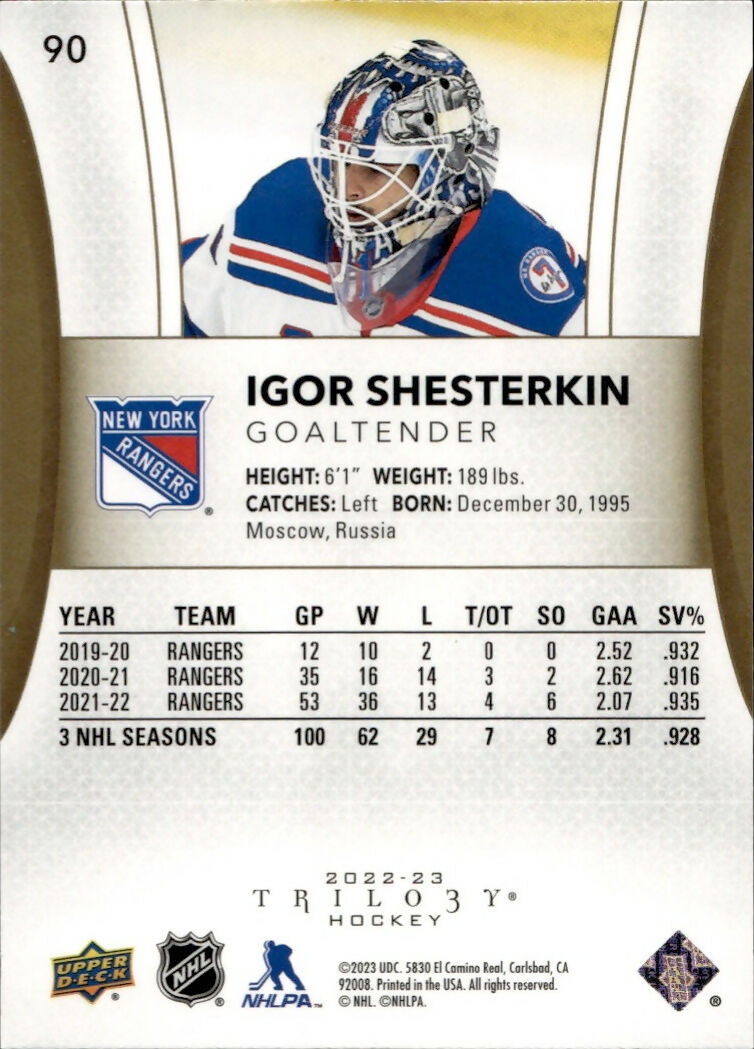 2022-23 Upper Deck Trilogy Hockey - Base #90 Igor Shesterkin - New York Rangers - B