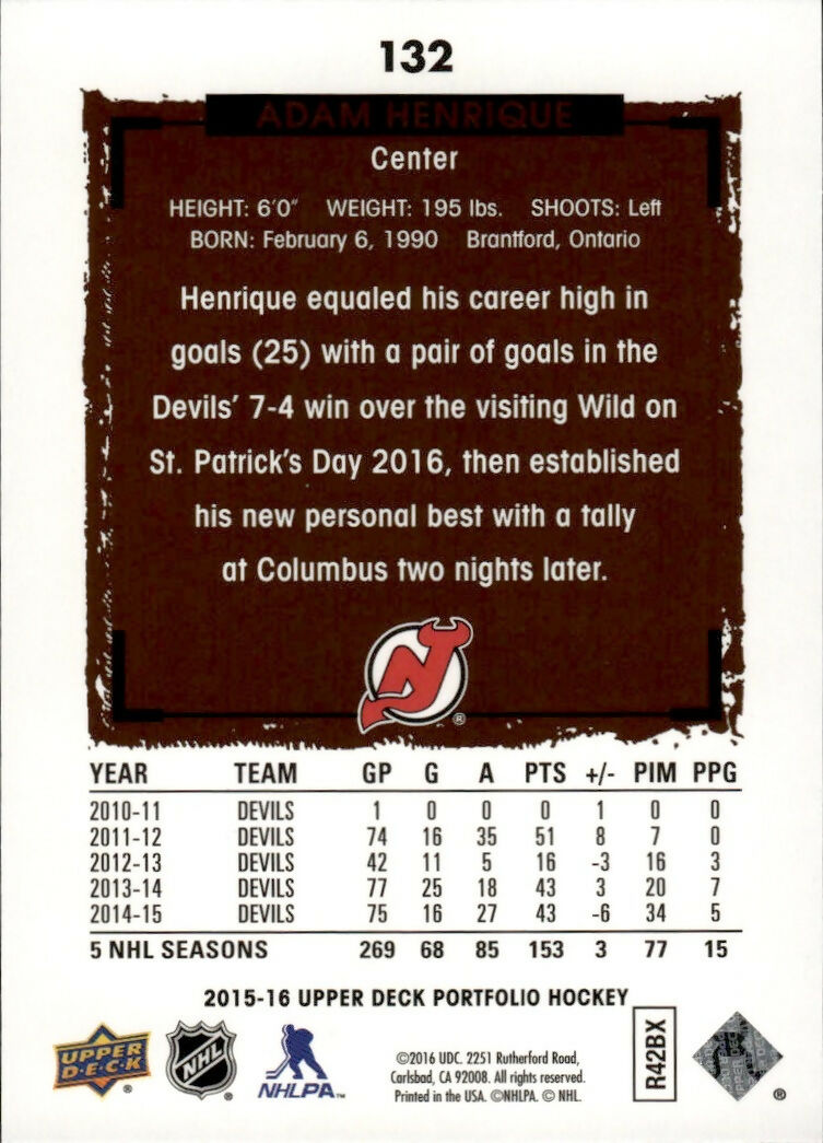 2015-16 Upper Deck Portfolio Hockey - Base #132 Adam Henrique - New Jersey Devils