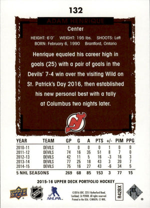 2015-16 Upper Deck Portfolio Hockey - Base #132 Adam Henrique - New Jersey Devils