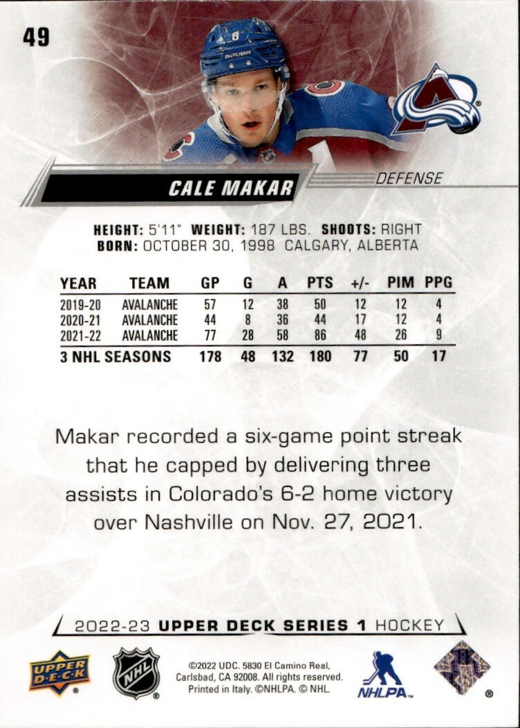 2022-23 Upper Deck Series 1 Hockey - Base #49 Cale Makar - Colorado Avalanche - B