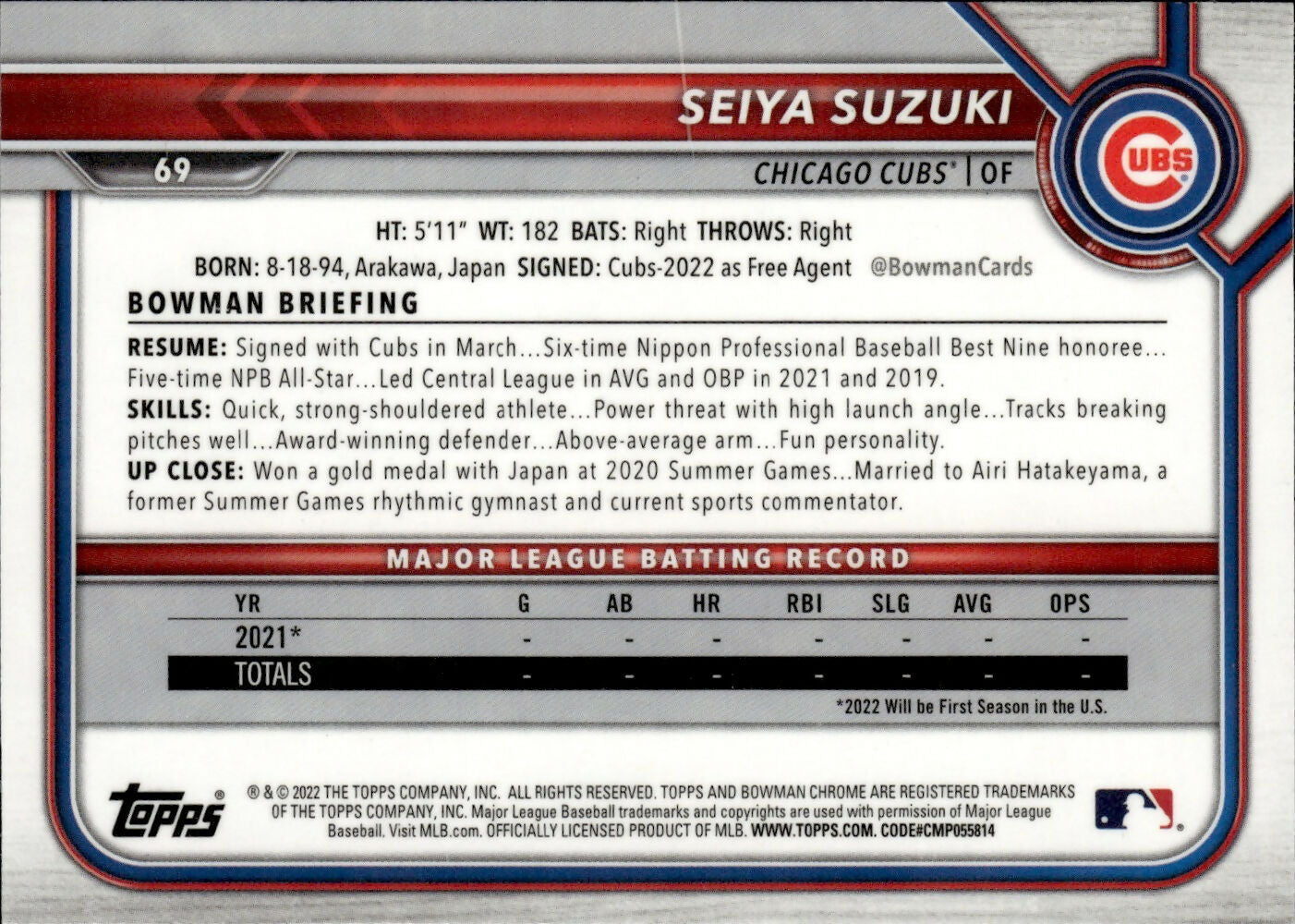 2022 Bowman Chrome Baseball - [Base] #69 Seiya Suzuki - Chicago Cubs - B