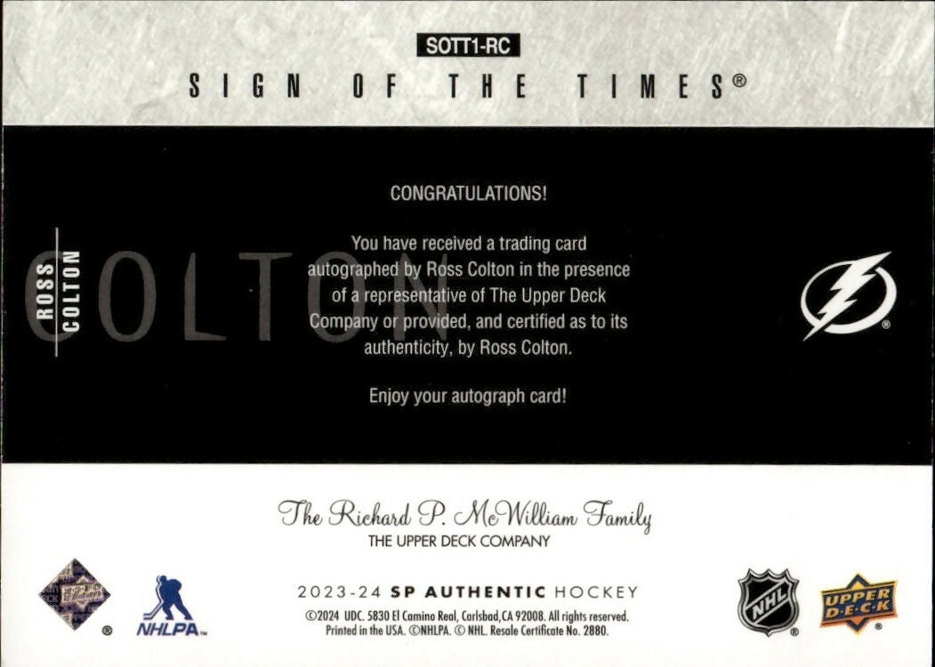 2023-24 Upper Deck SP Authentic Hockey - 2003-04 Retro Sign of the Times #SOTT1-RC Ross Colton - Tampa Bay Lightning - B