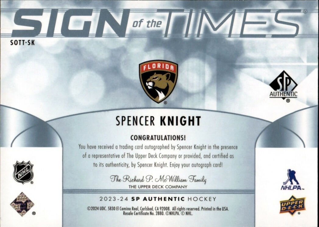 2023-24 Upper Deck SP Authentic Hockey - Sign Of The Times #SOTT-SK Spencer Knight - Florida Panthers - B
