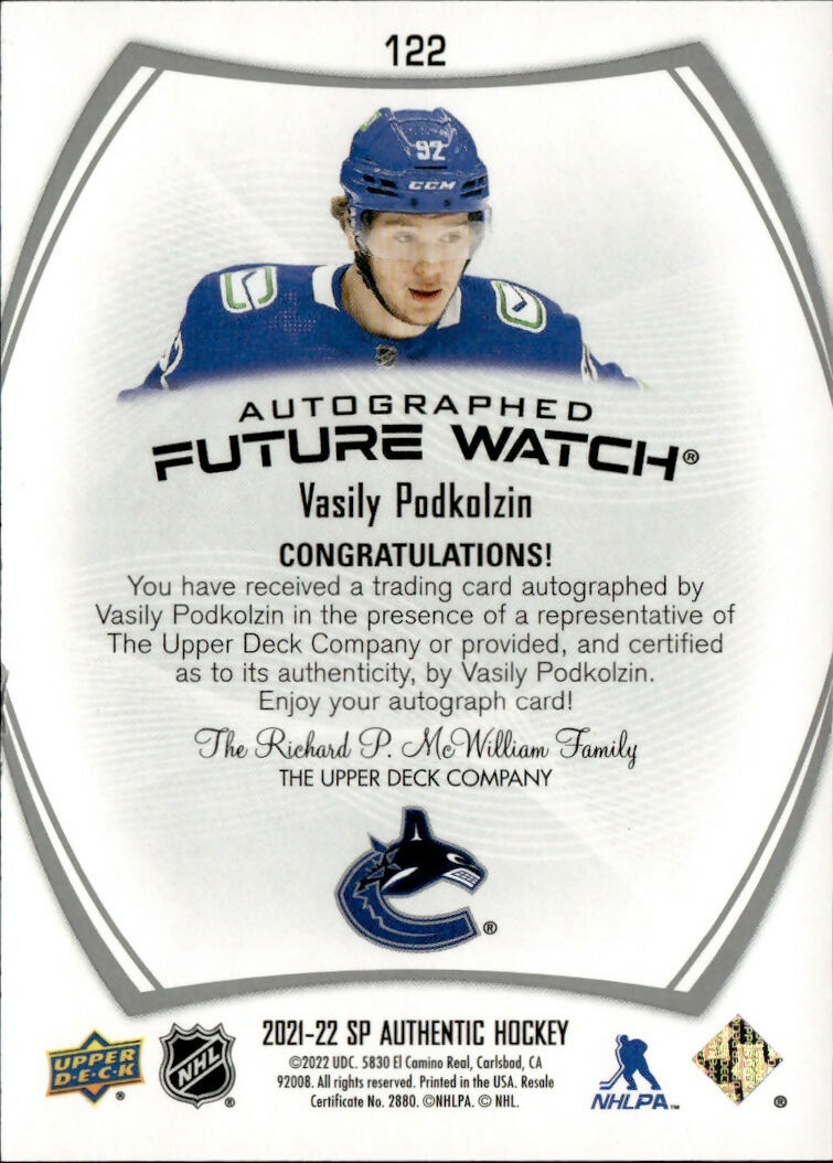 2021-22 Upper Deck SP Authentic Hockey - Base - Future Watch Auto #122 Vasily Podkolzin - Vancouver Canucks - B