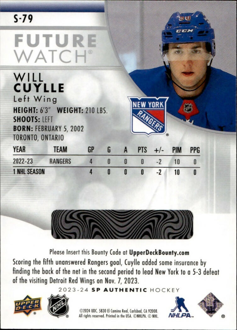 2023-24 Upper Deck SP Authentic Hockey - Future Watch - Spectrum FX #S-79 Will Cuylle - New York Rangers - B