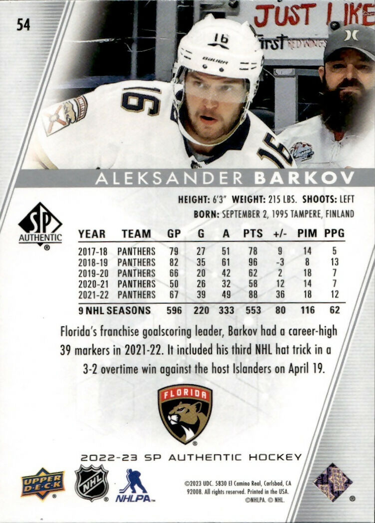 2022-23 Upper Deck SP Authentic Hockey - Base #54 Aleksander Barkov - Florida Panthers - B