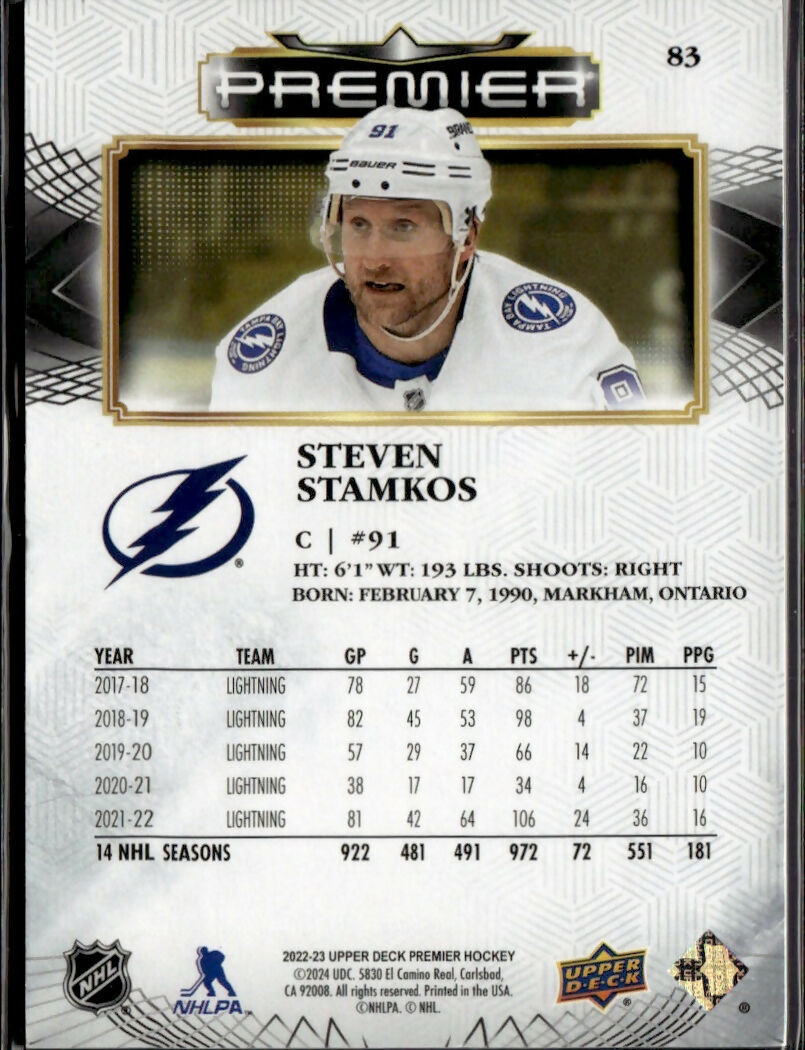 2022-23 Upper Deck Premier Hockey - Base :299 #83 Steven Stamkos - Tampa Bay Lightning - B