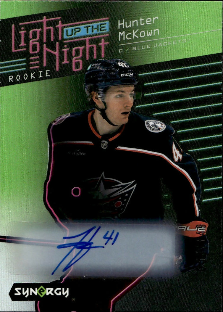 2023-24 Upper Deck Synergy Hockey - Light Up The Night Rookie - Green - Auto :149 #LN-MH Hunter McKown - Columbus Blue Jackets - A