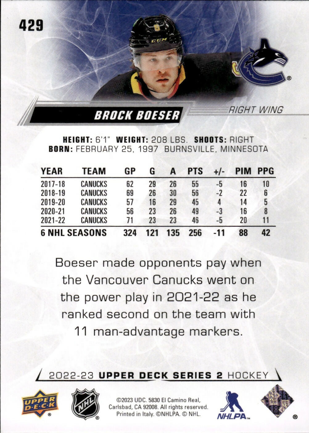 2022-23 Upper Deck Series 2 Hockey - Base #429 Brock Boeser - Vancouver Canucks