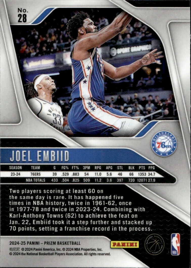 2024-25 Panini Prizm Basketball - Base #28 Joel Embiid - Philadelphia 76ers - B